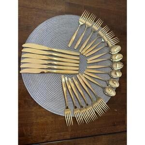 24 Pce. Rogers Cutlery Co Stainless USA Golden Modern Living - Gold Electroplate